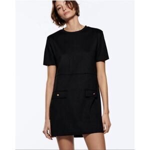 Zara faux suede black dress with gold pocket details women's size small